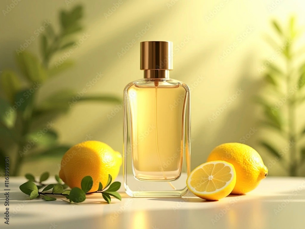 Perfume Bottle Mockup with lemon and Leaves Branch Perfume Bottle Mockup with lemon and Leaves Branch