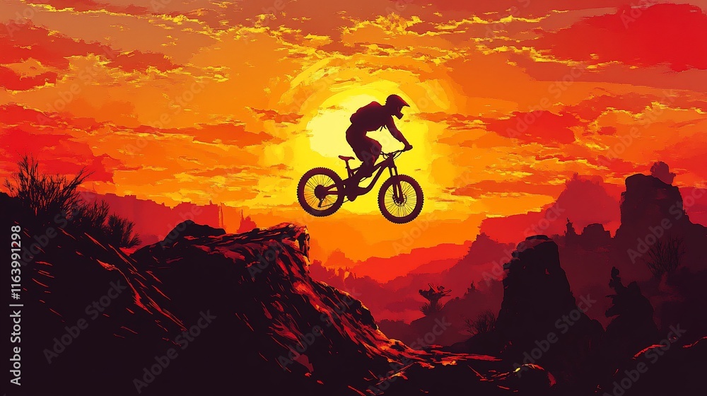 Obraz premium Silhouette of mountain biker jumping over a gap at sunset. Dramatic landscape with fiery colors.