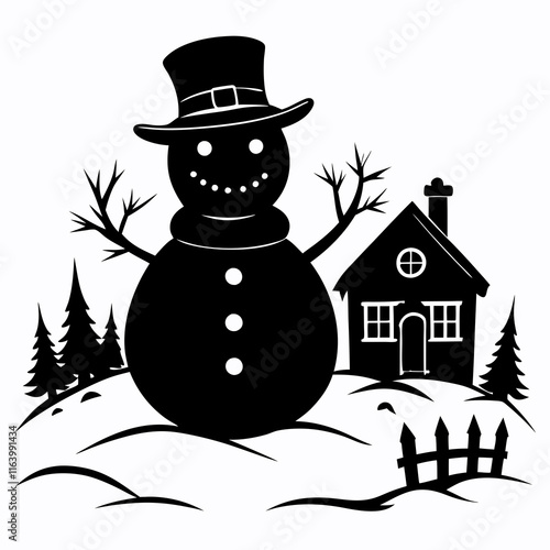 Christmas Cottage Farm SNOWMAN Black silhouette photo