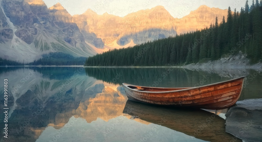 Serene Sunrise at Moraine Lake with Canoe Serene Sunrise at Moraine Lake with Canoe