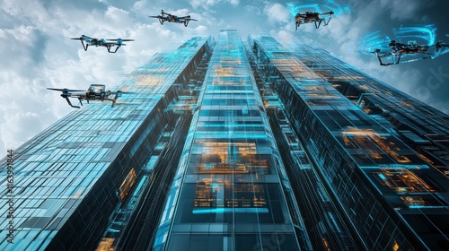 A towering megacorporation building adorned with holographic advertisements and surveillance drones