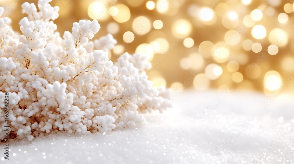 Snow Covered Bush Against Gold Bokeh Lights Snow Covered Bush Against Gold Bokeh Lights