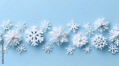 Delicate white paper snowflakes with intricate cutout details arranged in neat rows against a light baby blue background, showcasing minimalist winter decoration with soft drop shadows.