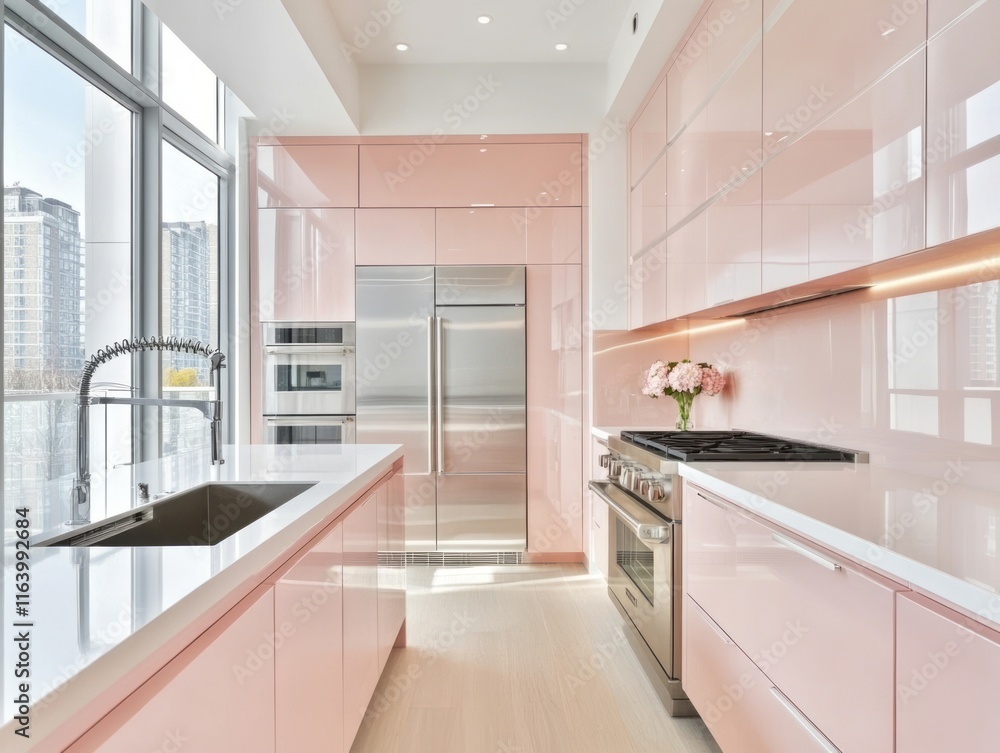 Fototapeta premium Modern Pink Kitchen with Stainless Steel Appliances and City View
