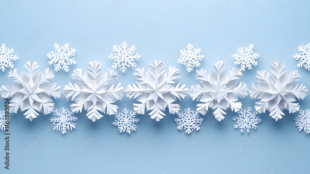 Delicate white paper snowflakes with intricate cutout details arranged in neat rows against a light baby blue background, showcasing minimalist winter decoration with soft drop shadows. Delicate white paper snowflakes with intricate cutout details arranged in neat rows against a light baby blue background, showcasing minimalist winter decoration with soft drop shadows.
