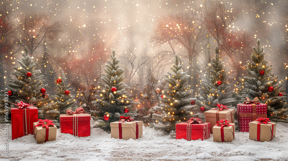 Snowy Christmas Trees with Red Ornaments and Gift Boxes.. Snowy Christmas Trees with Red Ornaments and Gift Boxes..