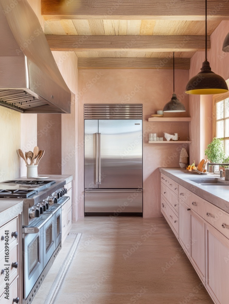 Fototapeta premium Rustic Farmhouse Kitchen Design Featuring Stainless Steel Appliances