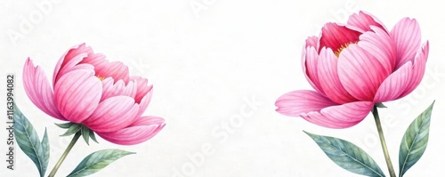 Soft pastel peonies in loose watercolor style against a white corner background, soft colors, delicate petals photo