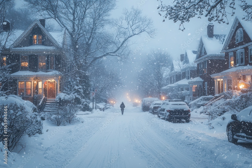 Serene Winter Night in a Snow-Covered Neighborhood with Twinkling Lights and Gentle Snowfall Creating a Magical Atmosphere for Peaceful Evening Stroll Serene Winter Night in a Snow-Covered Neighborhood with Twinkling Lights and Gentle Snowfall Creating a Magical Atmosphere for Peaceful Evening Stroll