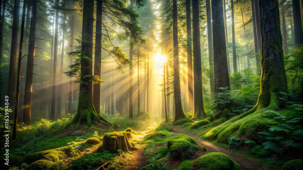 Fototapeta premium serene old growth forest with sunlight streaming through trees