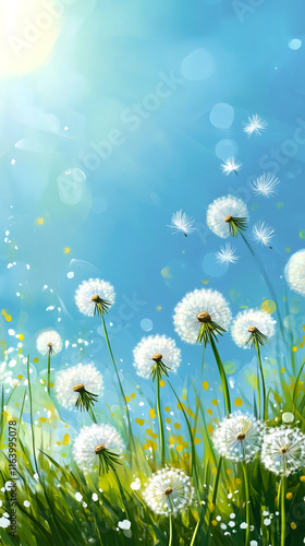 spring background with white dandelions in sunlight.