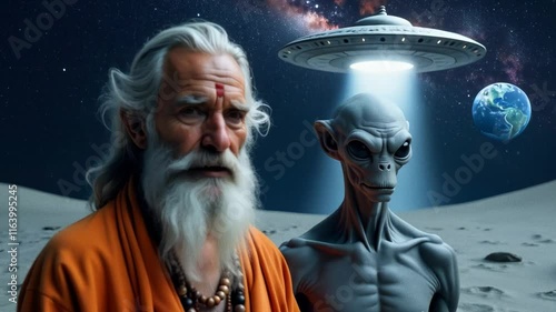 Ancient Hindus with aliens graphic illustration. AI Generated photo