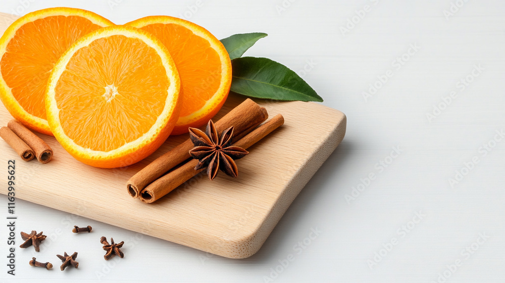 Fototapeta premium Fresh Orange Slices Arranged Beautifully With Cinnamon Sticks and Star Anise Creating a Vibrant and Aromatic Display in a Cozy Kitchen Setting