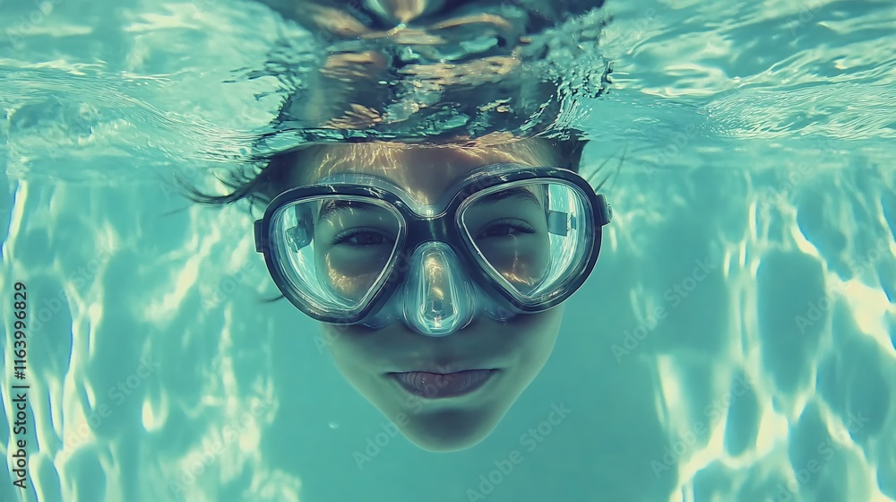 Naklejka premium Young swimmer with diving goggles underwater in a clear turquoise pool