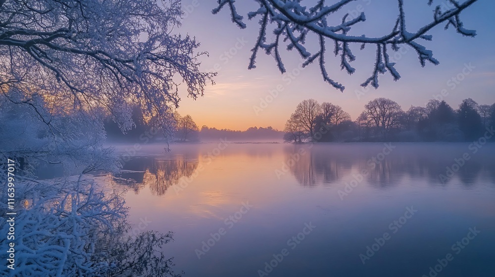 Frozen lake sunrise, frosted branches frame tranquil winter scene. Frozen lake sunrise, frosted branches frame tranquil winter scene.