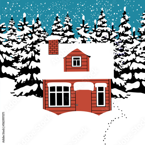 Winter landscape with a red house in snowy woods. Winter illustration of a cozy red cabin in the snow. Vector Illustration