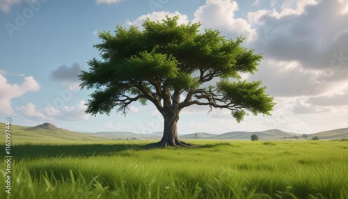 A lone tree stands amidst a vast expanse of soft green grass,  forest surroundings,  serene background