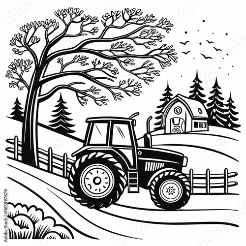 Christmas Cottage Farm tractor Black silhouette