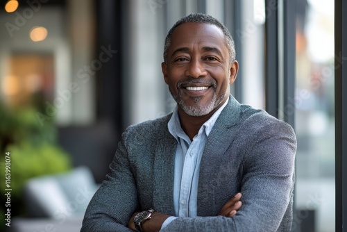 business businessman office mature middle aged meeting man portrait corporate manager smiling black businessperson, created with ai, Generative AI