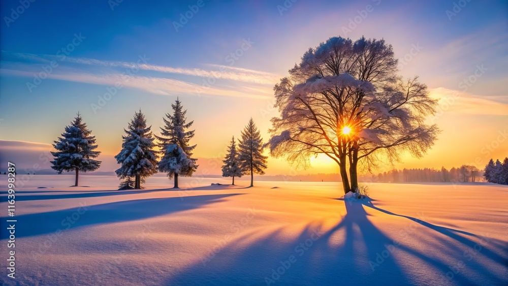 Minimalist Winter Sunset: Silhouetted Trees and Snowy Landscape Minimalist Winter Sunset: Silhouetted Trees and Snowy Landscape
