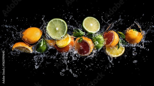 A bright splash of water with colorful citrus fruits and sparkling details, radiating freshness and energy