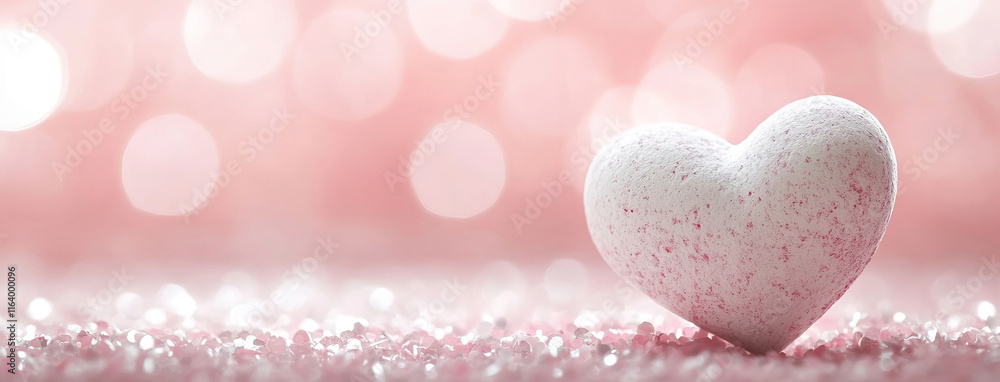 Obraz premium A pastel pink background adorned with soft white heart-shaped bokeh creates a delicate and dreamy atmosphere. This design is ideal for Valentine's Day banners or romantic celebrations.