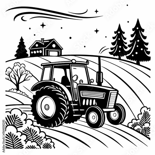 Christmas Cottage Farm tractor Black silhouette