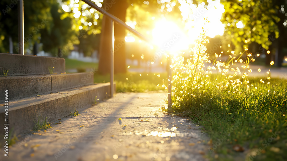 Obraz premium Sunlight illuminates dandelion seeds floating by concrete steps in a park.