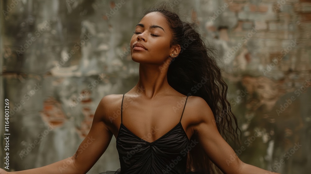 Fototapeta premium A joyful woman stands with eyes closed, soaking up warm sunlight. Her relaxed posture and radiant smile convey confidence self-love, and a sense of freedom. Gentle shadows highlight her natural beauty