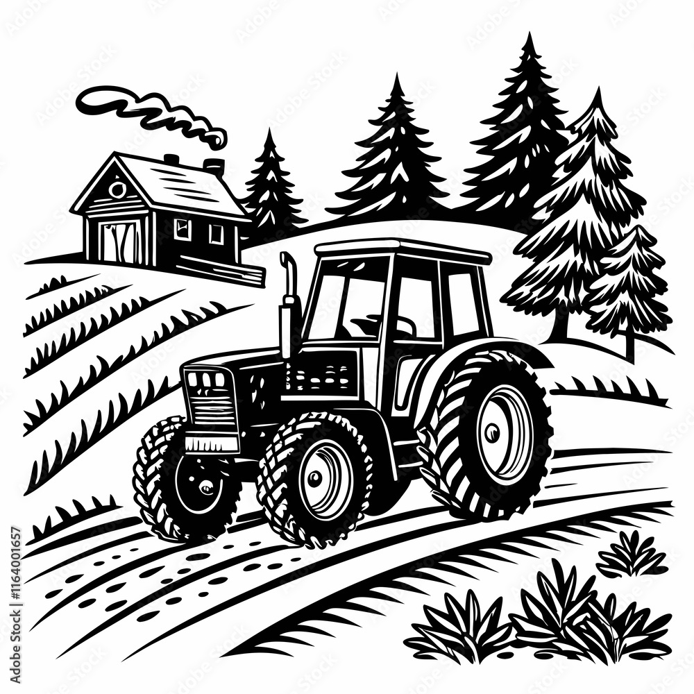 custom made wallpaper toronto digitalChristmas Cottage Farm tractor Black silhouette