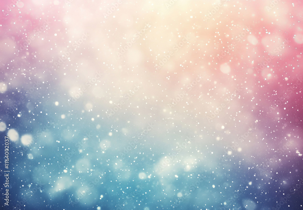 Fototapeta premium A pastel background with snowfall and bokeh effects features glowing light, enhancing its dreamy charm. Ample space for text makes it great for creative designs.