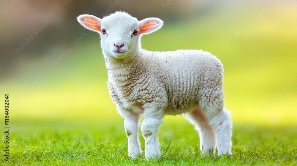 Obraz premium Adorable Lamb Standing on Green Grass in Soft Natural Light