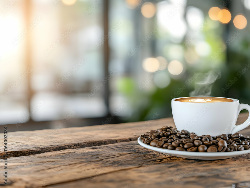 Steaming latte art coffee cup with beans on rustic wooden table in cafe. Steaming latte art coffee cup with beans on rustic wooden table in cafe.