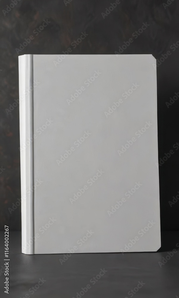 Close-up of a plain white blank book resting on a dark grey background, grey, plain Close-up of a plain white blank book resting on a dark grey background, grey, plain