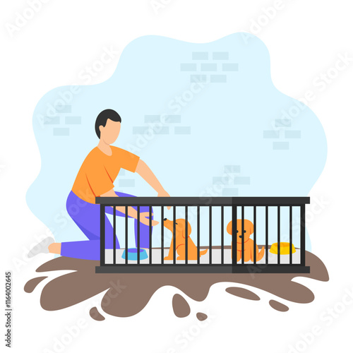 shelter attendant taking care of Puppies concept, Wildlife rehabilitator with Pair of Doggy vector design, Pet foster and hotel Symbol, kennel animals Sign, Human-animal interaction scene illustration