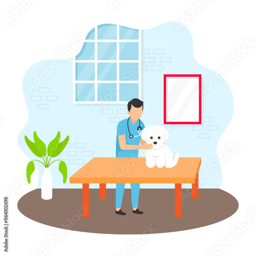 veterinary doctor examining the Cute Puppy concept, vet physician Holding kitty vector color icon design, Pet foster and hotel Symbol, kennel animals Sign, Human-animal interaction scene illustration