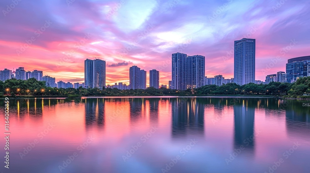 Obraz premium Serene Cityscape Reflection at Dusk with Colorful Cloud Scenery