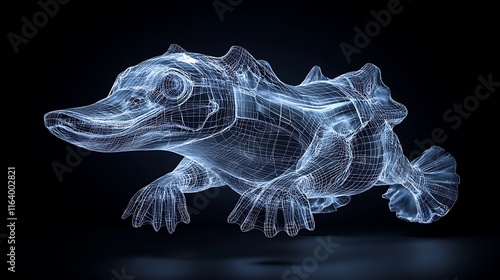 Glowing Wireframe Platypus 3D Render: Digital Creature Design AI Generated photo