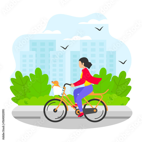 girl riding a bike with her dog in the basket concept, ownertrainer strolls his pet during ride vector design, Pet foster hotel Symbol, kennel animals Sign, Human-animal interaction scene illustration