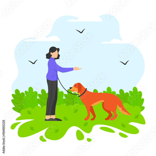 dog behaviourist Giving obedience training concept, Girl teaching sit, stay, come, down, and leave it vector design, Pet foster hotel Symbol, kennel animals Sign, Human-animal interaction illustration