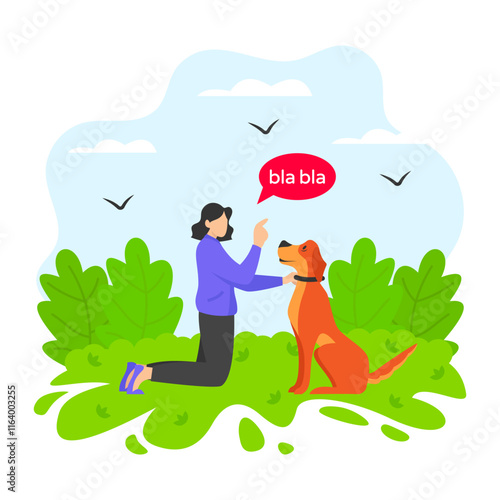 Female Trainer communicating and Engaging concept, Doggy recognizing human speech vector design, Pet foster and hotel Symbol, kennel animals Sign, Human-animal interaction scene illustration