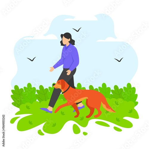 Female dog strolling or Walker concept, woman walking her dog or doggy daycare vector color icon design, Pet foster and hotel Symbol, kennel animals Sign, Human-animal interaction scene illustration