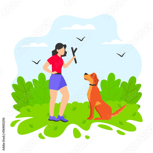Girl Giving Motivating operations Training to Dog concept, Puppy getting positive reinforcement instruction vector design, Pet foster hotel Symbol, kennel animals Human-animal interaction illustration