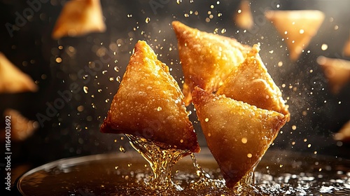 Golden Fried Samosas Splashing In Hot Oil photo