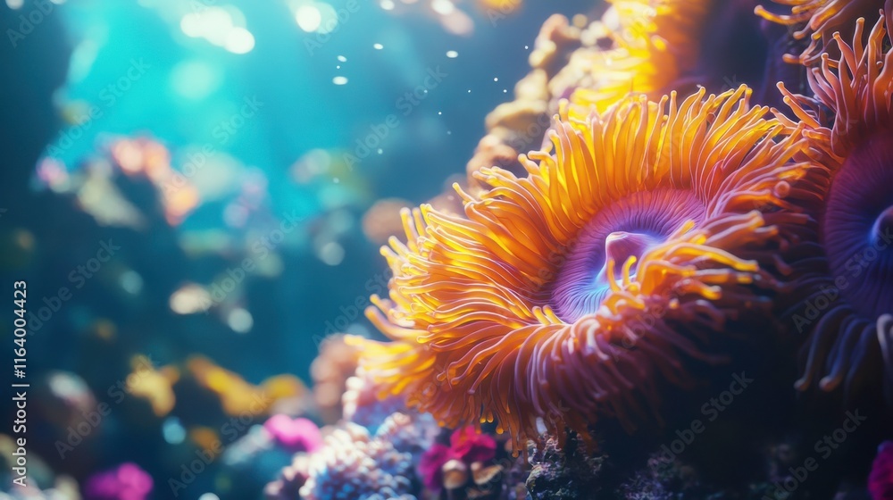 Fototapeta premium Colorful Anemones Blooming Underwater with Sunlight