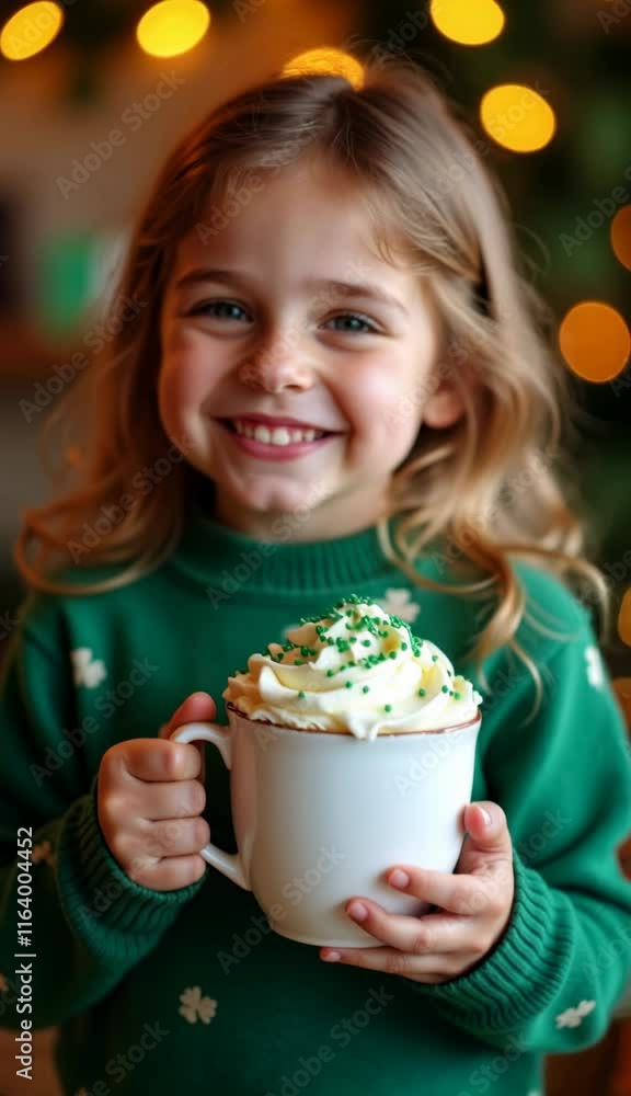Smiling Child Holding Festive Mug for Saint Patrick's Day Celebration Smiling Child Holding Festive Mug for Saint Patrick's Day Celebration