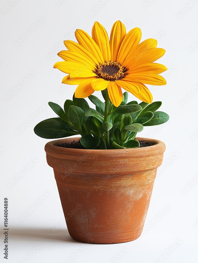 Bright yellow flower in a terracotta pot with lush green leaves, elegantly displayed against a clean, white background, capturing nature's beauty and simplicity. Bright yellow flower in a terracotta pot with lush green leaves, elegantly displayed against a clean, white background, capturing nature's beauty and simplicity.