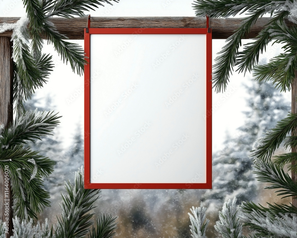 A blank white poster with a vivid red frame hanging on an old wooden fence, surrounded by a winter landscape with soft snowflakes falling. Pine branches with light frost frame the poster A blank white poster with a vivid red frame hanging on an old wooden fence, surrounded by a winter landscape with soft snowflakes falling. Pine branches with light frost frame the poster