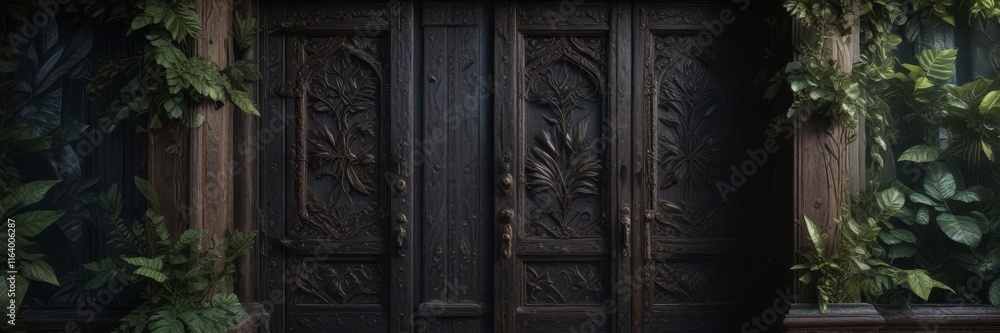Dark forest with exotic leaf patterns on ancient wooden doors , ancient, door Dark forest with exotic leaf patterns on ancient wooden doors , ancient, door