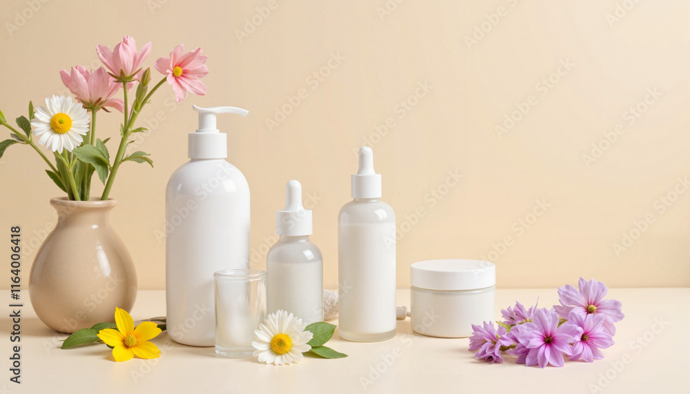 Cosmetic bottles and flowers on beige background Cosmetic bottles and flowers on beige background